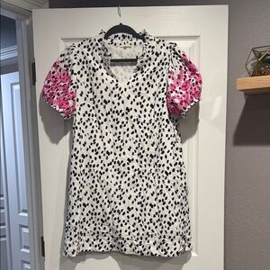 JODIFL Black and White Polka Dot Mini Dress with Pink Floral Sleeves